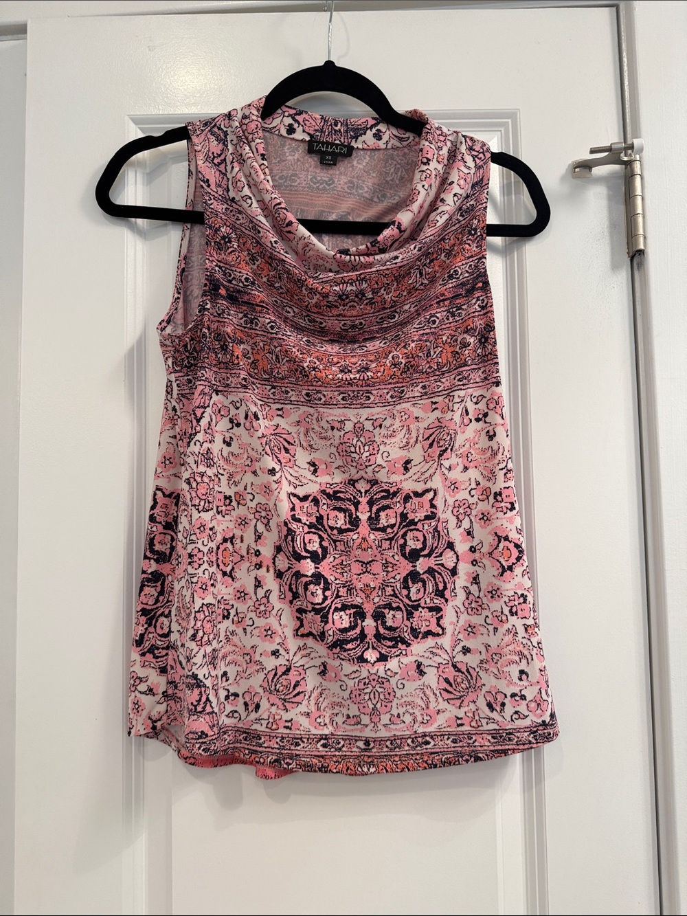 Tahari Pink and Navy Blue Floral Sleeveless Cowl Neck Top